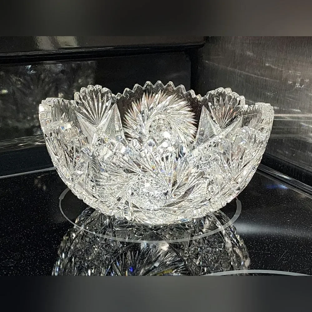 Antique American cut glass bowl w/hobstars and fans